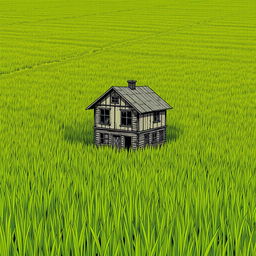 An endless field of grass with a two-story beaten-up shack in the middle, drawn in the style of a manga