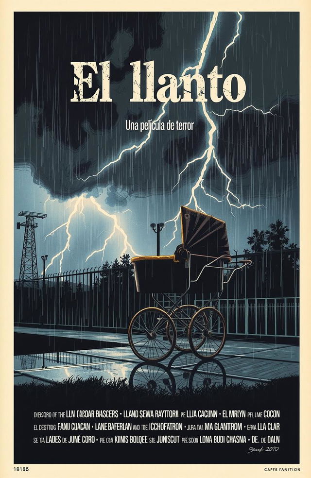 A vintage, realistic-style Spanish horror movie poster from the 1980s titled 'El llanto' featuring an abandoned baby stroller under a thunderstorm with lightning, a dark color scheme, and classic 80s design elements