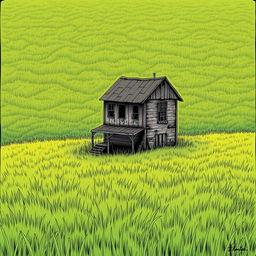 An endless field of grass with a two-story beaten-up shack in the middle, drawn in the style of a manga