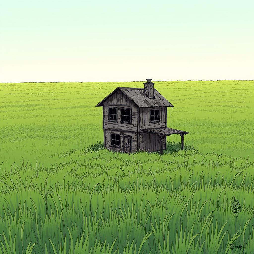 An endless field of grass with a two-story beaten-up shack in the middle, drawn in the style of a manga