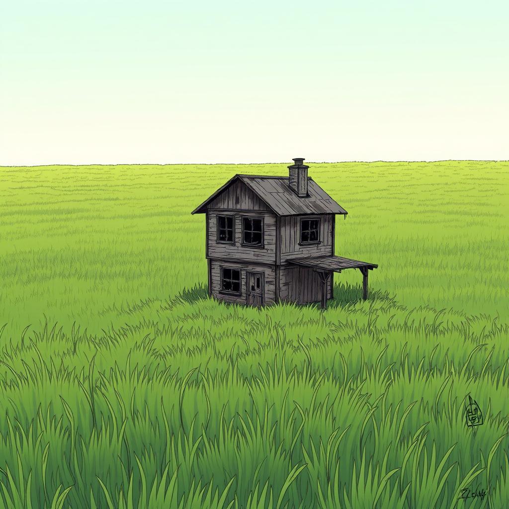 An endless field of grass with a two-story beaten-up shack in the middle, drawn in the style of a manga