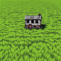 An endless field of grass with a two-story beaten-up shack in the middle, drawn in the style of a manga