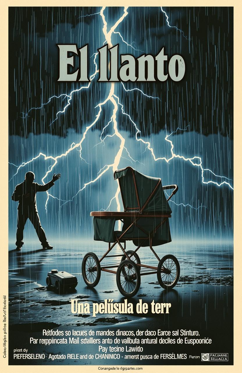 A vintage, realistic-style Spanish horror movie poster from the 1980s titled 'El llanto' featuring an abandoned baby stroller under a thunderstorm with lightning, a dark color scheme, and classic 80s design elements