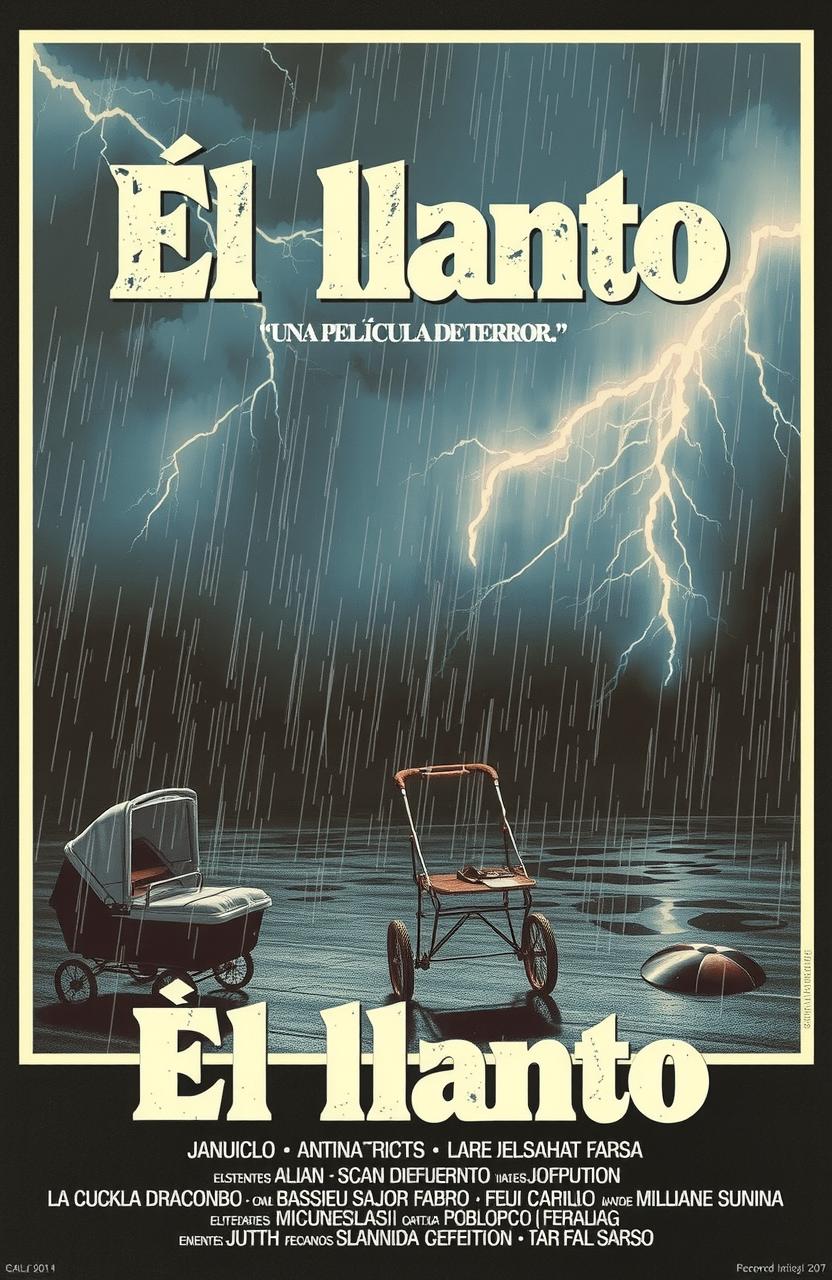 A vintage, realistic-style Spanish horror movie poster from the 1980s titled 'El llanto' featuring an abandoned baby stroller under a thunderstorm with lightning, a dark color scheme, and classic 80s design elements