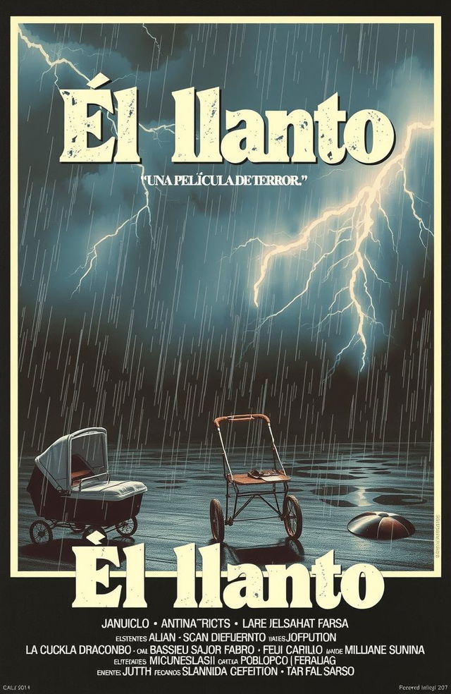 A vintage, realistic-style Spanish horror movie poster from the 1980s titled 'El llanto' featuring an abandoned baby stroller under a thunderstorm with lightning, a dark color scheme, and classic 80s design elements