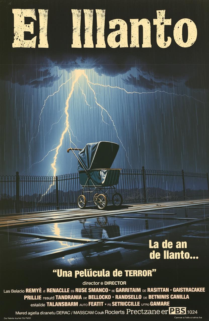 A vintage, realistic-style Spanish horror movie poster from the 1980s titled 'El llanto' featuring an abandoned baby stroller under a thunderstorm with lightning, a dark color scheme, and classic 80s design elements