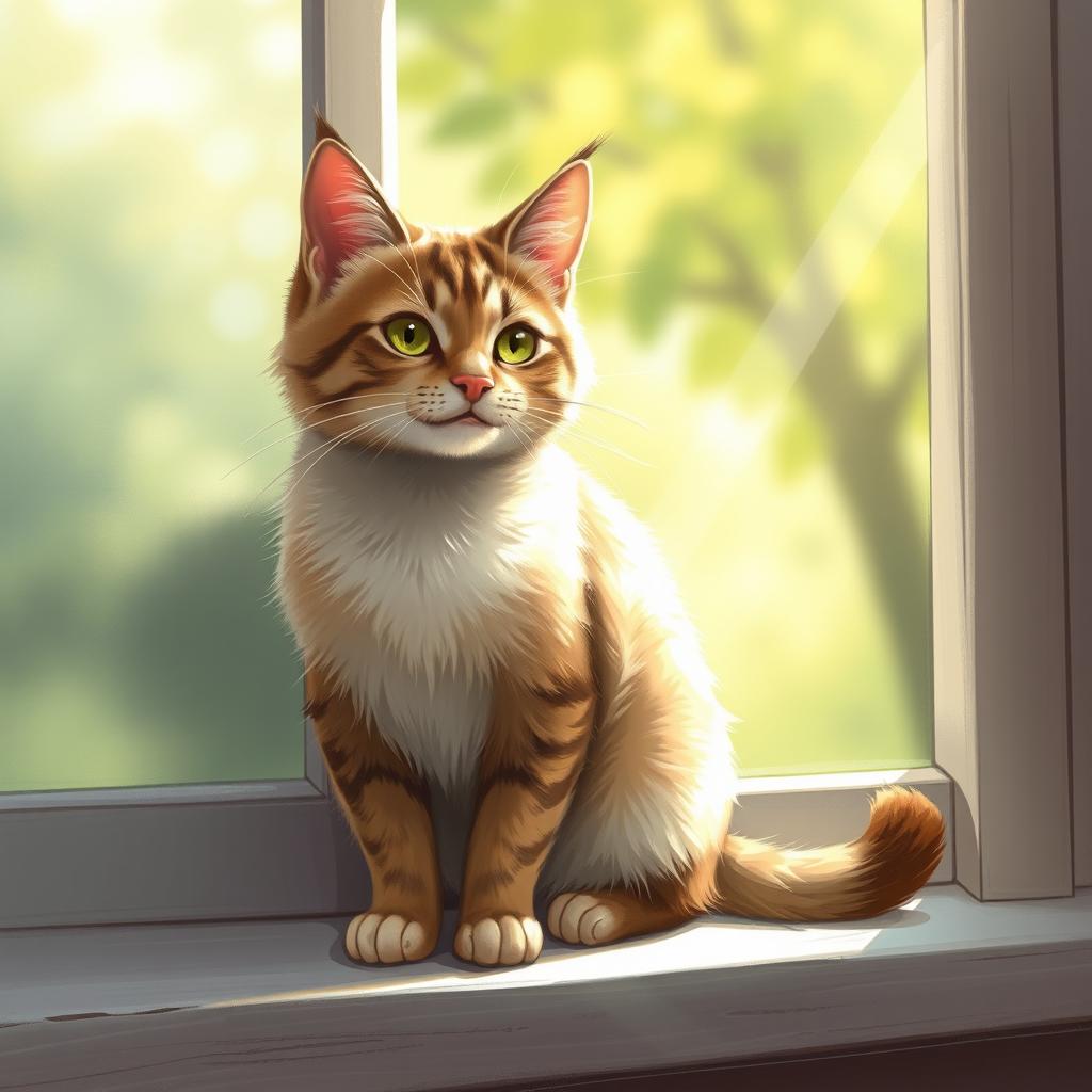 A detailed and artistic portrayal of a cat sitting on a windowsill with sunlight streaming through the window