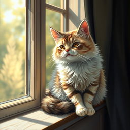 A detailed and artistic portrayal of a cat sitting on a windowsill with sunlight streaming through the window