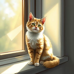 A detailed and artistic portrayal of a cat sitting on a windowsill with sunlight streaming through the window