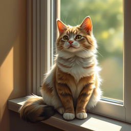 A detailed and artistic portrayal of a cat sitting on a windowsill with sunlight streaming through the window