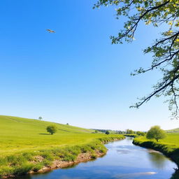 A serene landscape with a clear blue sky, lush green fields, and a peaceful river flowing through