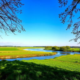 A serene landscape with a clear blue sky, lush green fields, and a peaceful river flowing through