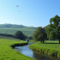 A serene landscape with a clear blue sky, lush green fields, and a peaceful river flowing through