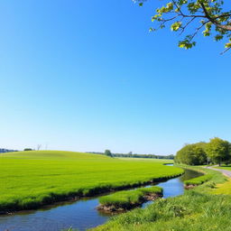 A serene landscape with a clear blue sky, lush green fields, and a peaceful river flowing through