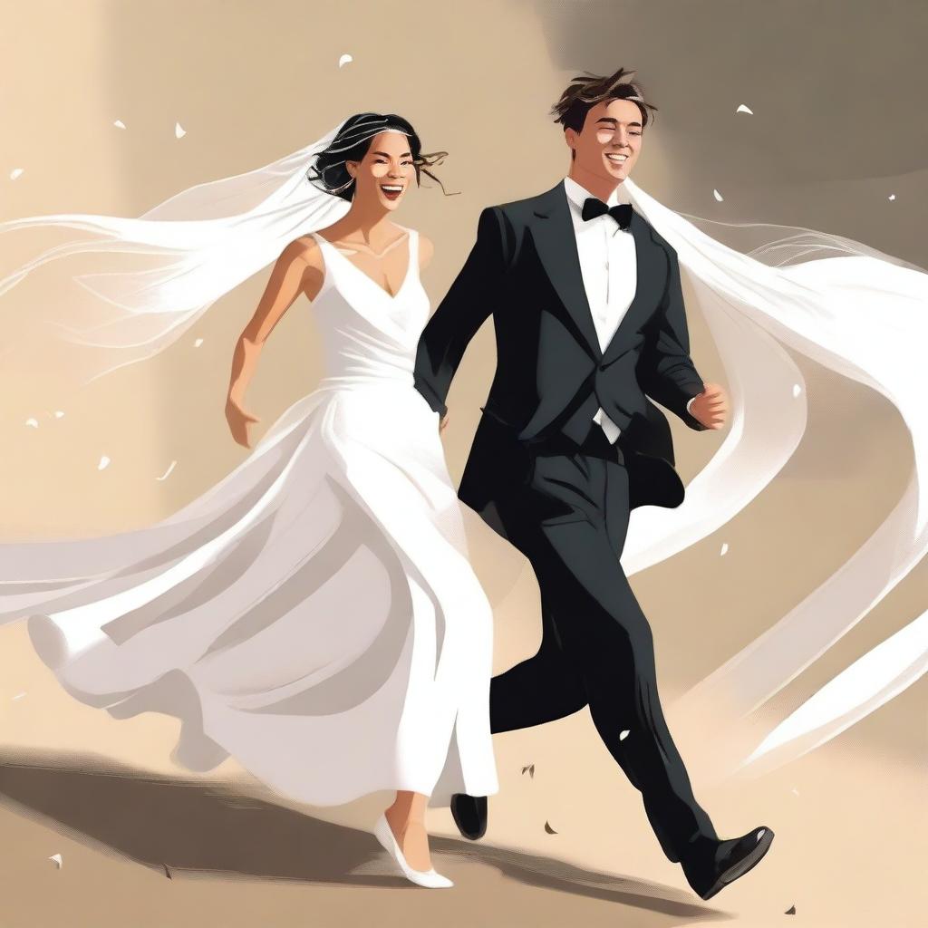 A young man wearing a black suit is running, and a bride in a wedding dress with a flowing veil is chasing him