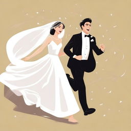 A young man wearing a black suit is running, and a bride in a wedding dress with a flowing veil is chasing him