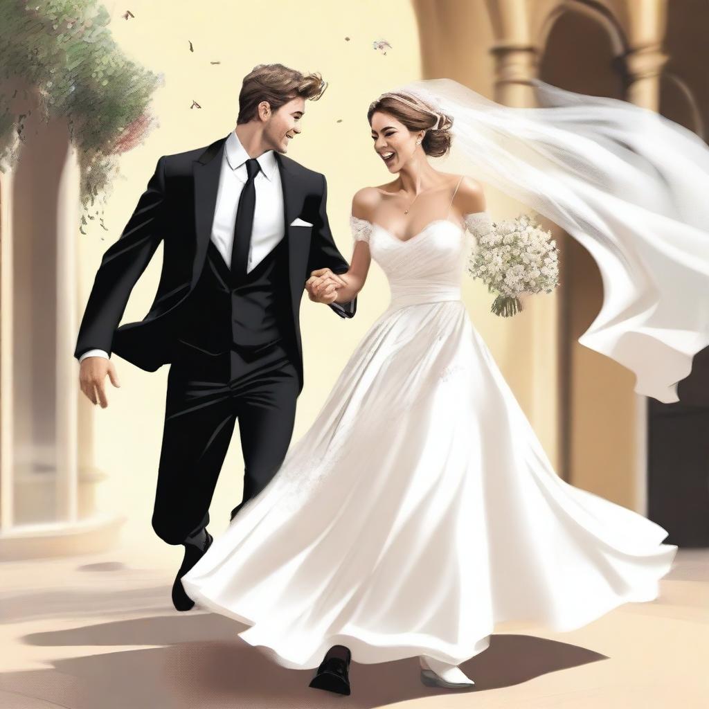 A young man wearing a black suit is running, and a bride in a wedding dress with a flowing veil is chasing him