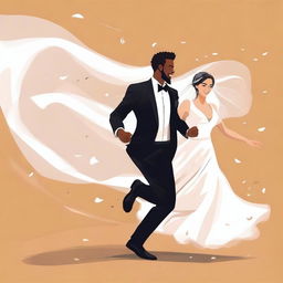 A young man wearing a black suit is running, and a bride in a wedding dress with a flowing veil is chasing him