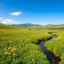 A serene landscape featuring a lush green meadow with colorful wildflowers, a clear blue sky, and a gentle stream flowing through the scene