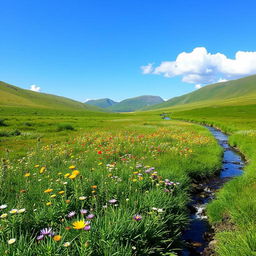 A serene landscape featuring a lush green meadow with colorful wildflowers, a clear blue sky, and a gentle stream flowing through the scene