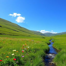 A serene landscape featuring a lush green meadow with colorful wildflowers, a clear blue sky, and a gentle stream flowing through the scene