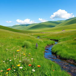 A serene landscape featuring a lush green meadow with colorful wildflowers, a clear blue sky, and a gentle stream flowing through the scene