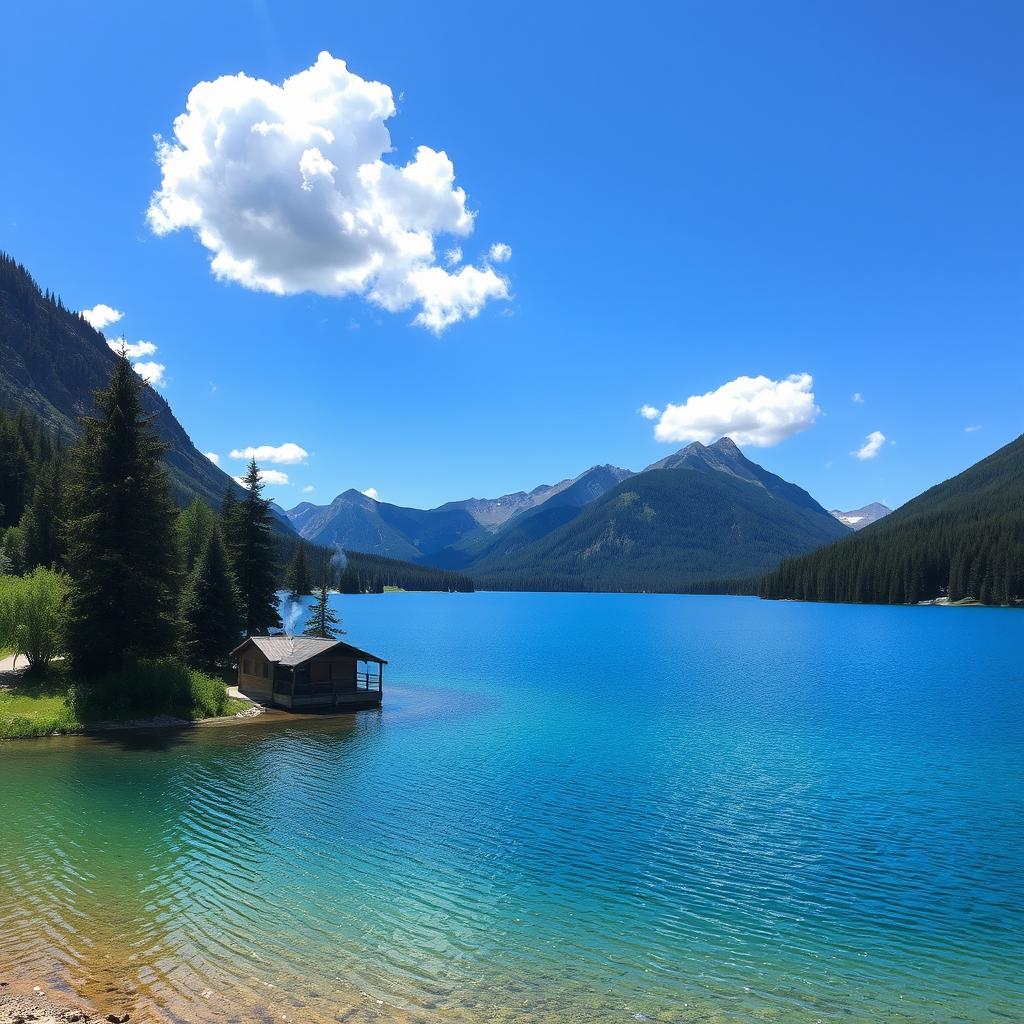 A serene landscape featuring a clear blue lake surrounded by lush green trees and mountains in the background