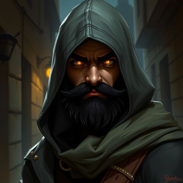 A detailed DnD portrait of a handsome hooded rogue