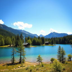 A serene landscape featuring a clear blue lake surrounded by lush green trees and mountains in the background