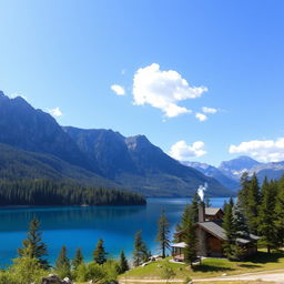 A serene landscape featuring a clear blue lake surrounded by lush green trees and mountains in the background