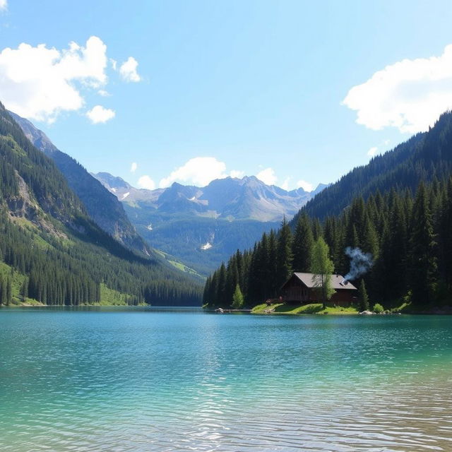 A serene landscape featuring a clear blue lake surrounded by lush green trees and mountains in the background