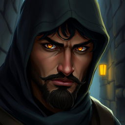 A detailed DnD portrait of a handsome hooded rogue