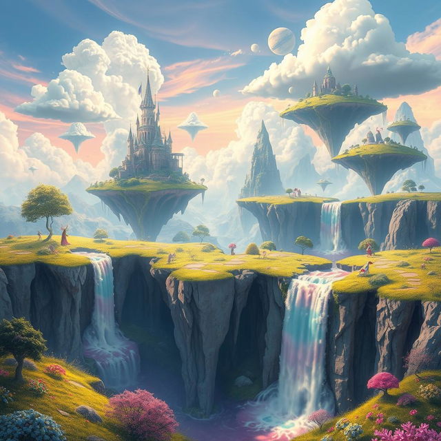 A surreal and whimsical landscape with dreamlike elements such as floating islands, cascading waterfalls, and vibrant colors