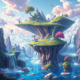 A surreal and whimsical landscape with dreamlike elements such as floating islands, cascading waterfalls, and vibrant colors