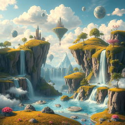 A surreal and whimsical landscape with dreamlike elements such as floating islands, cascading waterfalls, and vibrant colors