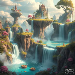 A surreal and whimsical landscape with dreamlike elements such as floating islands, cascading waterfalls, and vibrant colors