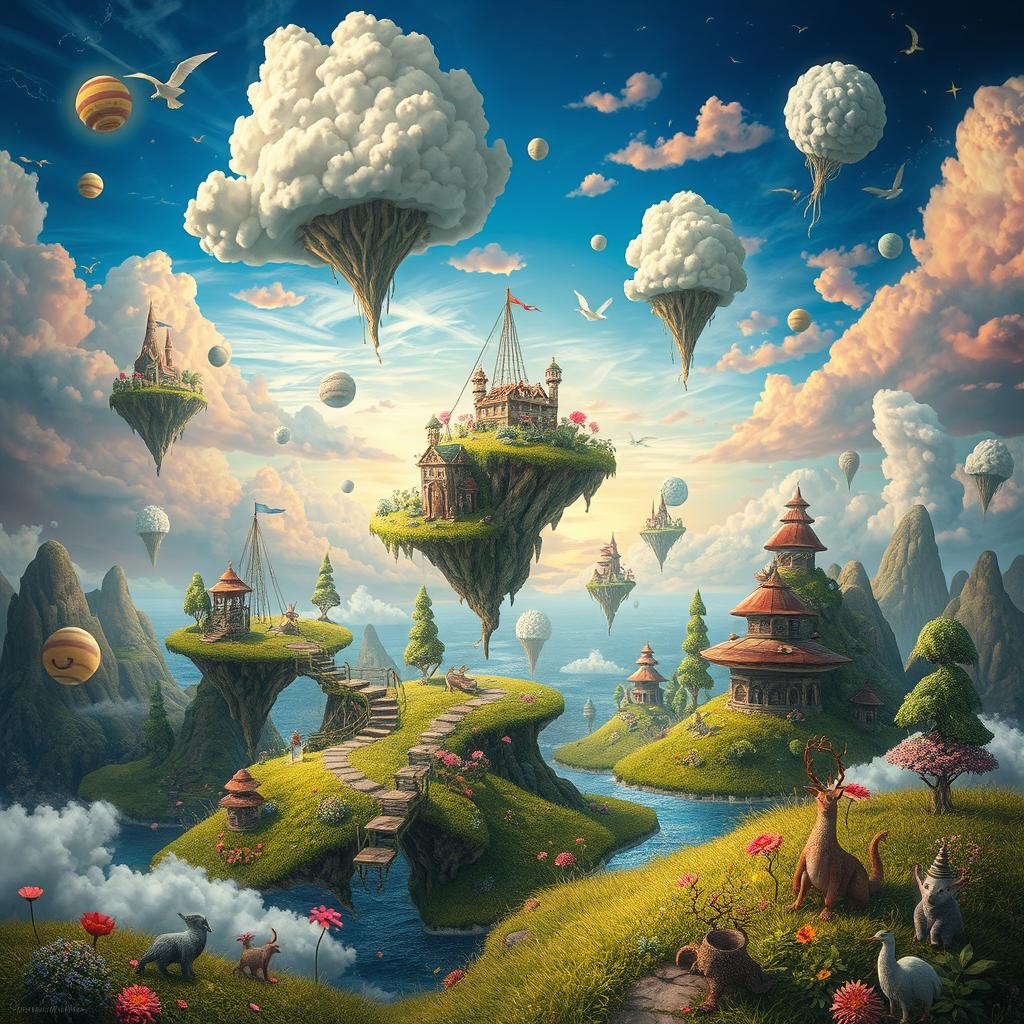 A surreal and whimsical scene depicting a dreamlike landscape filled with floating islands, colorful skies, and fantastical creatures