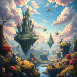 A surreal and whimsical scene depicting a dreamlike landscape filled with floating islands, colorful skies, and fantastical creatures