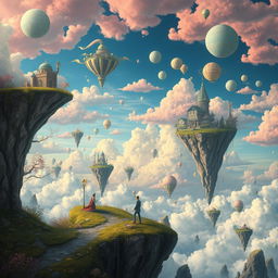 A surreal and whimsical scene depicting a dreamlike landscape filled with floating islands, colorful skies, and fantastical creatures