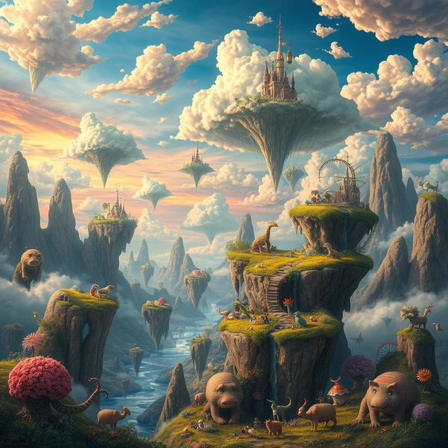 A surreal and whimsical scene depicting a dreamlike landscape filled with floating islands, colorful skies, and fantastical creatures