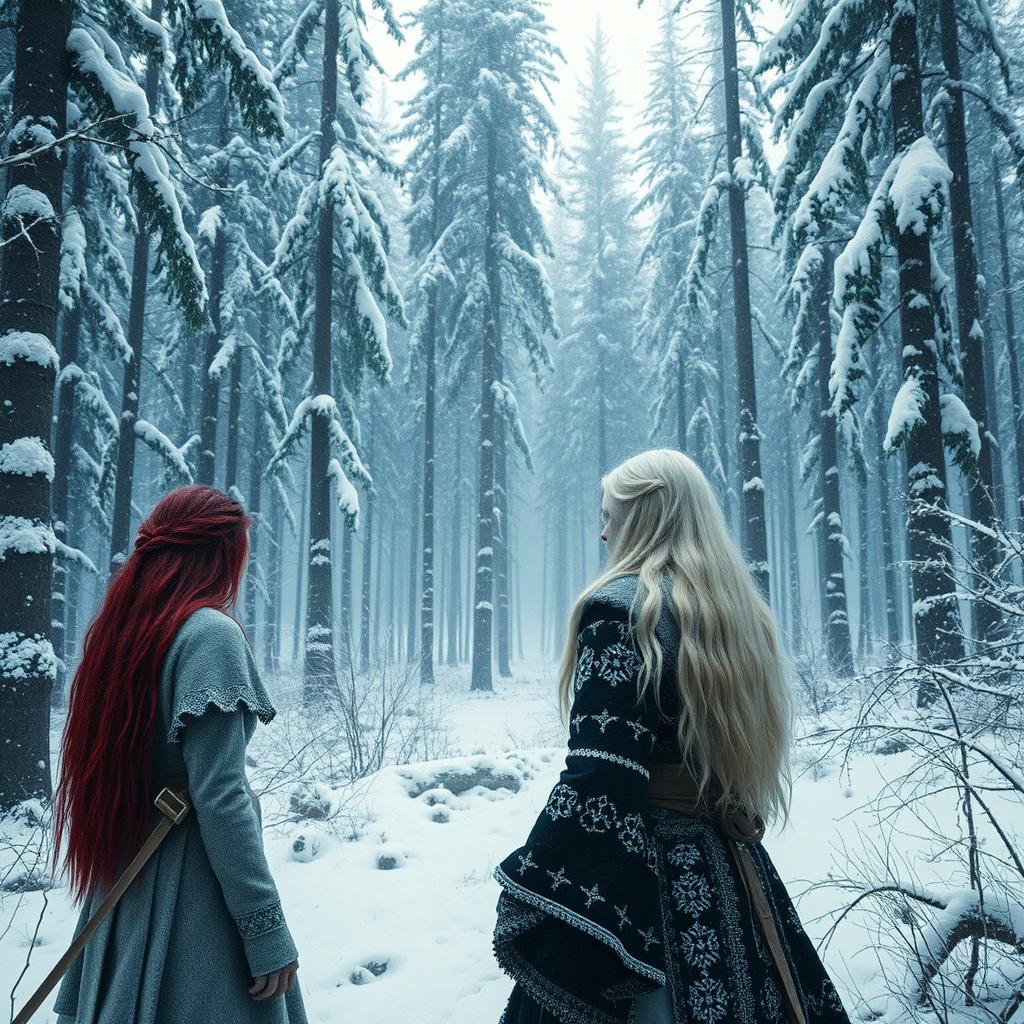 A medieval movie scene set in a dense snow-covered forest