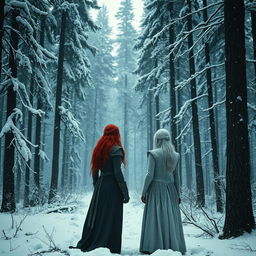 A medieval movie scene set in a dense snow-covered forest