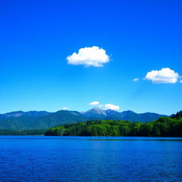 A serene landscape featuring a calm lake surrounded by lush green trees and mountains in the background under a clear blue sky with a few fluffy white clouds