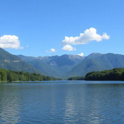 A serene landscape featuring a calm lake surrounded by lush green trees and mountains in the background under a clear blue sky with a few fluffy white clouds