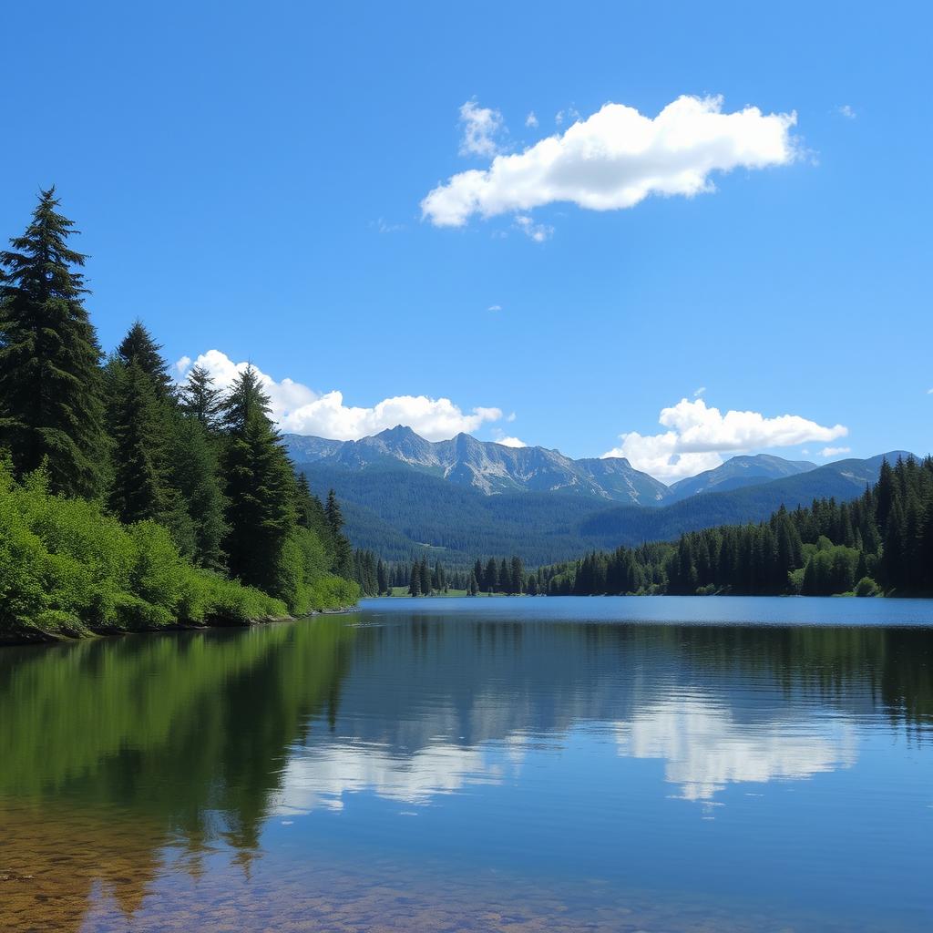 A serene landscape featuring a calm lake surrounded by lush green trees and mountains in the background under a clear blue sky with a few fluffy white clouds