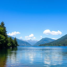 A serene landscape featuring a calm lake surrounded by lush green trees and mountains in the background under a clear blue sky with a few fluffy white clouds