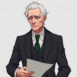 An old white male with silver hair and green eyes, wearing a terribly made suit