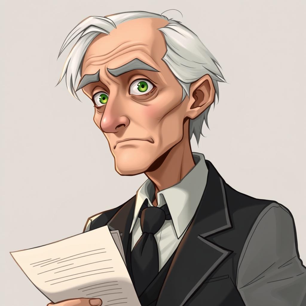 An old white male with silver hair and green eyes, wearing a terribly made suit