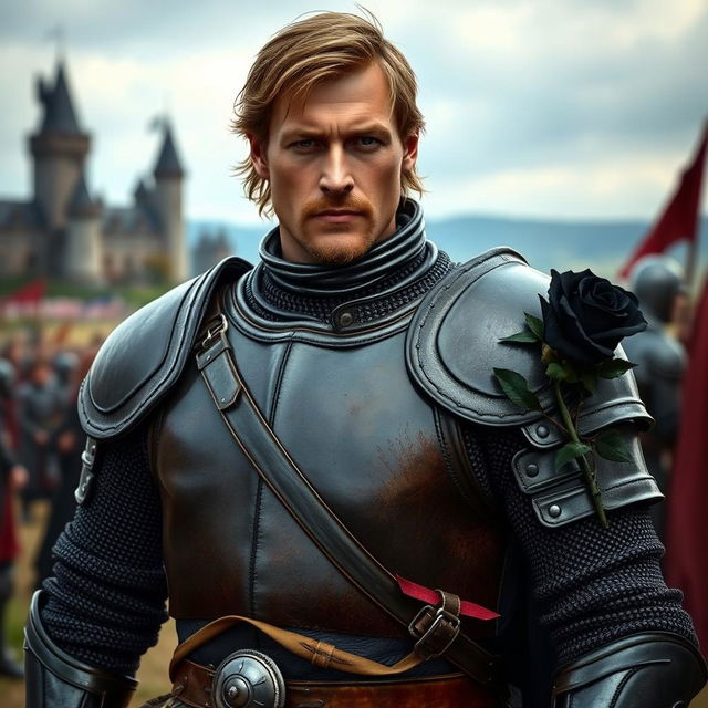 A knight wearing stubbed leather armor, with a black rose pinned on his right-hand side