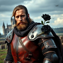 A knight wearing stubbed leather armor, with a black rose pinned on his right-hand side